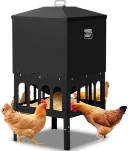 AOTECC Chicken Feeder No Waste - Holds 80 Pounds of Feed - 16 Ports Metal Gravity Chicken Feeder for Inside or Outside Hen Chicken Coop - Automatic Poultry Feeder with Locking Lid & Adjustable Stand