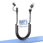 USB-C and Lightning Cable 4 in 1 Combo for Apple Carplay & Android Auto,[MFi Certified] Coiled iPhone Charger Cord- PD 60W Fast Charging & Data Sync Compatible with iPhone 16/15/14/13/12/Android