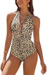 AI'MAGE Women's Halter One Piece Swimsuit 2024 Tummy Control Bathing Suits Ruched Deep V Neck Swim Suit, S Leopard