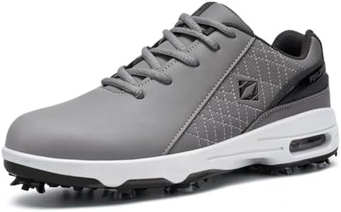 FENLERN Golf Shoes for Men Waterproof Wide Spiked Non Slip Lightweight Golf Sneakers with Leather Upper Air Cushion, Grey White, 10 Wide
