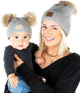 Funky Junque Mommy & Me Double Pom Beanies – Mama & Baby Mini Matching Winter Outfits, Mom & Newborn Infant Baby Girl Beanie Hat Set (2 Pack) - Diagonal Basketweave - Heather Grey