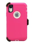 Hand-e Muscle Series Belt Clip Case for Apple iPhone XR (6.1”) // Triple Layer Heavy Duty Protective Defender Cover w Holster & Kickstand // Drop-Shock Proof – Pink/White