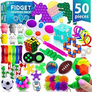 (50 Pcs) Fidget Poppers Popit Toy Pack Push Pop Bubble Popping Set It Mini Poppet Figit Package Figetget Spinners, Infinity Rubiks Cube Stress Relief Balls w Sensory Toys for Autistic ADHD Kids Girls