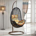 Jiomee Furniture™ Outdoor-Indoor Rattan Black Wicker Hanging Egg Chair Swing with Stand (Cushion Color May Vary)