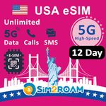 USA Prepaid eSIM Card(Use T-Mobile network)|Unlimited 5G/4G Internet Data in USA(Hawaii included)+Low-Speed Data in Canada and Mexico|Unlimited Calls and Texts among US, CA and MX|Refillable (12 Days)