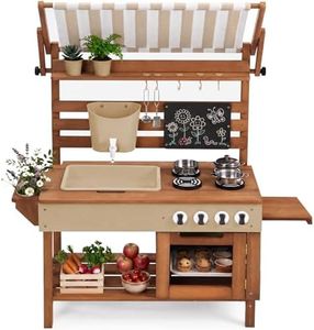 Best Choice Products Mud Kitchen for Kids Outdoor, Deluxe Wooden Play Kitchen with Canopy, Water Tank & Faucet, Sink, 14-Piece Accessories, Gardening Toy, Backyard Pretend Cooking Set - Beige