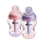 Tommee Tippee Advanced Anti-Colic Baby Bottle, 9oz, slow flow. Breast-Like Nipple for a Natural Latch, Vented Anti-Colic Wand, Self-Sterilizing, Pink and Purple, Pack of 2