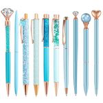 10 Pcs Blue Glitter Ballpoint Pens,Comfortable Writing Pens,Metal Retractable Pretty Journaling cute Pens bulk, Black Ink Medium Point (1.0mm)