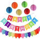 AMEITECH Birthday Party Decorations Favors, Happy Birthday Decoration Banner with 6 Pack Honeycomb Balls and One Rainbow Paper Garland, Party Supplies