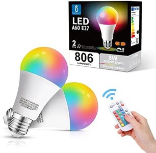 Aigostar Bombillas Colores RGBW, 8W con Mando a Distancia. Bombillas LED E27 4 modos, 5 niveles de brillo, 15 colores ajustables para Hogar, Decoración, Bar, Fiesta. Pack 2 unidades