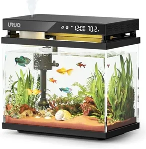 Fish Tank Smart Aquarium Kit: 2 Gal UHD Glass Silent Water Pump Self Cleaning System Temperature Monitoring Essential Oil Diffuser with Humidifier 7 Color Lights Multi-Layer Filtration System Black