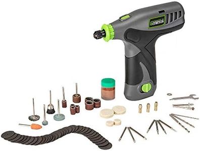 Genesis GLRT08B-65 8V Variable Speed Rotary Tool with Removeable Lithium-Ion Battery Pack, Charging Stand, 120-Volt ETL Wall Adapter, and 64-Piece Universal Accessory Set