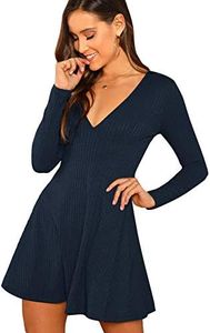 Verdusa Women's Elegant Deep V Neck Long Sleeve Ribbed Short Skater Dress Navy XL