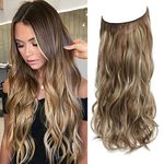 Invisible Wire Hair Extension Brown with Golden Highlights, Friendly Synthetic 20 inch Wavy Pieces for Women