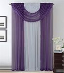 Kids Zone Home Linen 4 Panels with Attached All-in-One Purple White Sheer Rod Pocket Curtain Panel 84 Inches Long with Crystal Beads - Window Curtains for Bedroom, Living Room or Dinning Room