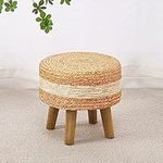 Cpintltr Round Ottoman Natural Seagrass Footstool Poufs Hand Weave Eco Friendly Sofa Foot Stool Soft Step Stool Padded Foot Rest with Pine Legs for Living Room Bedroom White