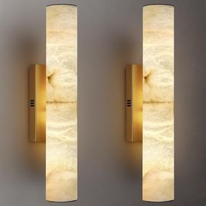 Gold Alabaster Wall Sconces Set of 2, Spanish Natural Marble Wall Sconce, 20" Brass Wall Sconce for Bathroom, Indoor Stone Wall Sconces Dimmable, Alabaster Wall Light for Living Room, Bedroom, Hallway