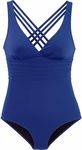 MAIABLEAU Women's High Cut One Piece Swimsuit Ruched Tummy Control Bathing Suit Sexy Cross Back Swimwear Blue M