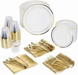 600 Piece Gold Dinnerware Party Set - 100 Guest | 100 Dinner Plastic Plates - 100 Salad Gold Plates- 100 Gold Plastic Silverware Set - 100 9 OZ Gold Plastic Cups | For Wedding, Birthday, Parties