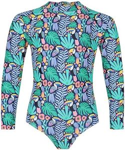 Tame the Sun Long Sleeve Girls Swimsuit - Rash Guard One Piece Bathing Suit - UPF 50+ Zipper Girls Swimwear (Toucans, 12)