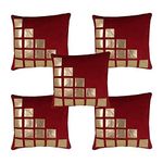 UPDHANM16 X 16 Inches Maroon Cushion Covers Set of 5 Decorative Hand Made Velvet Geometric Throw/Pillow Sofa Bed Cushion Covers Without Fillers