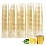 MATANA 100 Double Shot Glasses (60ml) - Clear Hard Plastic with Gold Glitter - Reusable Jello & Tequila Shots, Dessert Pots, Sample Tasting Cups for Birthdays, Weddings, BBQs, Parties