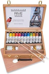 Sennelier Rive Gauche Oil Wooden Box Set, Includes 12-40ml Tubes of Oil Color, 100ml Thinner, 100ml Liquid Medium, Round Brush #4, Flat Brush #6 (10-130327-00)