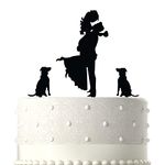 NSHYXXSPY Mr and Mrs Wedding/ Engagement/ Marriage Cake Topper - Bride Hold Groom with Flowers Besides Two Pet Dogs Silhouette Cake Decoration Supplies