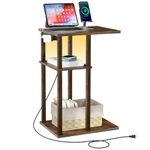 OUTONLIFE C Shaped Side Table with LED Light & Charging Station, Narrow Wood End Table with 2 USB Ports & AC Outlet, Small Sofa Nightstand with 3-Tier Storage Shelves for Living Room, Bedroom (Brown)