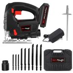 Powertough 20v Cordless Jigsaw Tool Kit,Big Size 100(8)mm,Quick Release Blade,Pendulum Function, 0-45°Adjustable Cutting Bevel,2000MA Li-ion Battery With 1 Hour Fast Charger,9pcs Free Blade (3pcs for wood,3pcs Bi-metal for steel,3pcs for aluminium& plastic) With Dust Adaptor