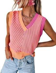 MARZXIN Women Sleeveless Sweater V Neck Casual 2024 Fall Knitted Chevron V Neck Sweater Vest Color Block Pullover Sweater Top, A-strawberry Pink, Medium