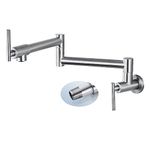 Cinwiny Pot Filler Wall Mounted Polish Chrome Kitchen Sink Faucet Stainless Steel Single Hole Double Handle Stretchable Commercial Faucet with Folding Double Joint Swing Arm