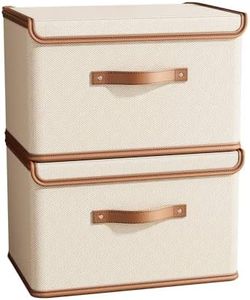 Tuza 2 Pack Storage Bins with Lids, Collapsible Closet Organizer Container, Fabric Organizer Box with Handles, Decorative Storage Boxes with Lids for Organizing Clothes, Books, File, White, Medium