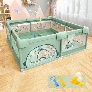 Dawnwake 150x180 cm Large Playpen for Baby up to 4 Years with Ocean Balls and 2 Anti-Fall Grasp Rings, Playard with Safety Lock & Suction Cup (No Mat, Non-Foldable) - Green
