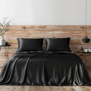 Candoury Satin Sheets Full Size Bed Sheets Set 4 Pcs, Soft and Durable Pillowcase, Flat Sheet and Fitted Sheet, Hotel Luxury Silky Satin Sheets Set (Full, Black)