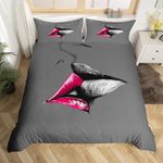 3D Print Duvet Cover Full Size Love Bedding Set Pink and Gray Lips Kissing Pattern Comforter Cover Sexy Theme Bedding Decorative for Women Girls Lovers 3 Piece 1 Duvet Cover 2 Pillow Shams,Gray