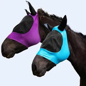 FOXLVDA 2 Pcs Horse Fly Mask with Ear Protection, Comfort-Fit Elastic Fabric, Full Face Coverage and Eye Protection from Insect Pests for Medium/Large Size Horses (Blue/Purple, Large)