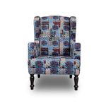 DANEWOOD High Back Wing Chair, 1 Seater Sofa for Living Room, One Seater Maharaja Lounge Armchair with Cushion, Sheesham Wood, Blue Printed