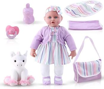 KOOKAMUNGA KIDS 18 Inch Baby Doll Set - Realistic Baby Doll - Baby Dolls for 2 Year Old Girls & Boys and Up - Comes w/ Soft Baby Doll - Toy Baby Bottle - Diaper Bag - Blanket Pacifier & Unicorn Toy