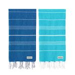 Blue Beach Turkish Towel - Set of 2-100x180cm Large Turkish Hammam Peshtemal Towel - Super Absorbent, Quick Dry, Lightweight, Compact Towels for Swimming, Bath, Gym and Travel (Blue+Turquoise)