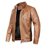 WULFUL Men's Vintage Stand Collar Leather Jacket Motorcycle PU Jacket and Coat, Khaki 2, Medium