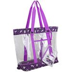 Eastsport Supreme Deluxe 100% Clear PVC Printed Large Tote with Free Large Wristlet, Clear/Leopard Print/Grape Sizzle Trim