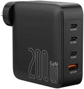 Laser 200W GaN Charger – PD 3.0 Fast USB C Charger, 4 Port Multi-Device (3 USB C, 1 USB A) Power Adapter for MacBook Air/Pro, iPhone 16/15, Galaxy S25/S24, iPad mini/Pro/Air – Black