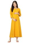 ZUVINO Women's Maternity Pregnancy Casual Long Sleeve Side Zipped for Feeding Maternity Comfort Maxi Dress (Z54, Mustard, Medium)