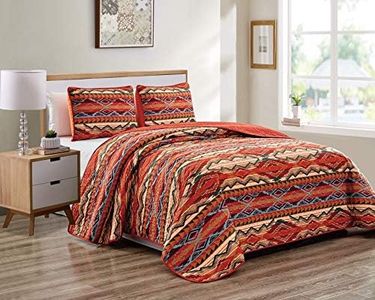 Rustic Western Native American Quilt Bedspread Coverlet Bedding Set in Modern Southwest Tribal Patterns in Soft Beige Brown Turquoise Blue Copper Burnt Orange & Rust Colors - Arizona (King/Cal-King)