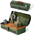 CKEASCIN Portable Metal Retro Camping Coffee Tool Box, 14 inches, Doubles as Coffee Table, Wood Laminate Top, for Hand Drip Coffee and Camping (Green)