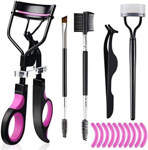 Eyelash Curlers Eyebrow Brush Kit for Women w Lash Curler, Eyelash Comb Seperator, Mascara Brushes, Eyelash Extension Tweezers, Angled Eyebrow Brush and Comb, 10 Silicone Refills Pads for Lash & Brow