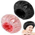 loraleo 2Pcs Shower Caps for Women Reusable Extra Large Shower Cap Bonnet de Douche Triple Layers Bathing Cap with Terry Cloth Liner, Silky Satin Waterproof Bath Caps for Long Short Hair