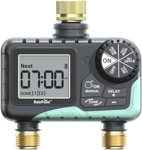 RAINPOINT 2 Zone Sprinkler Timer with Brass Inlet and Outlet - Water Timer for Garden Hose with Rain Delay/Manual Watering/Automatic Irrigation Controller System - Water Hose Timer for Yard Lawn