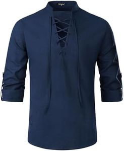 Enlision Camisas de Lino para Hombre Camisa Henley con cordón Retro Medieval Renacimiento Punk Camisas Ghillie escocesas Disfraz de Pirata Azul Marino XL